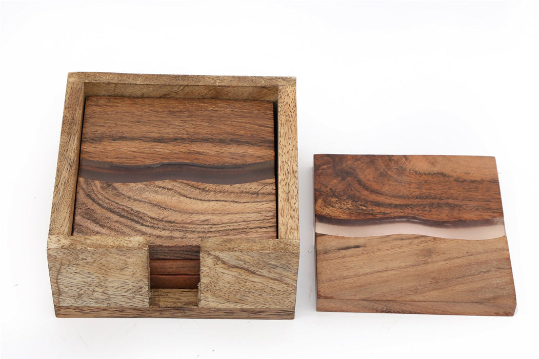 Wooden Wave Design Coasters In A Wooden Holder - Kozeenest