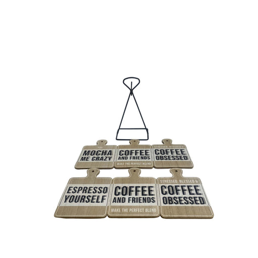 Set of Six Coffee Slogan Coasters On Metal Stand - Kozeenest