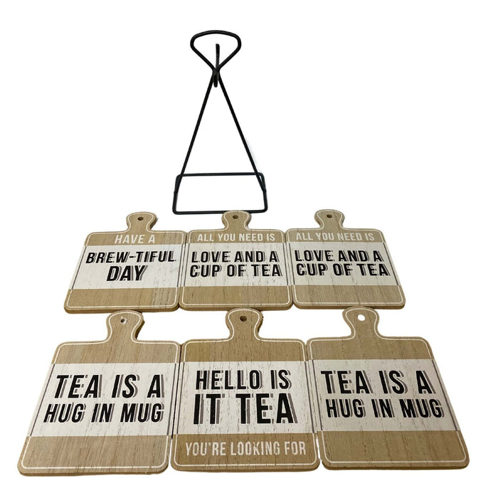 Set of Six Tea Slogan Coasters On Metal Stand - Kozeenest