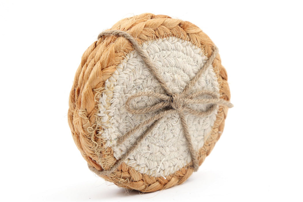 Set of Four Braided Round Jute and Cream Coaster - Kozeenest