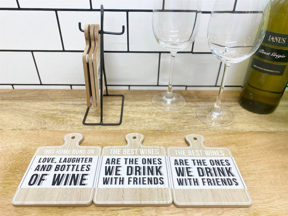 Set of Six Wine Slogan Coasters On Metal Stand - Kozeenest