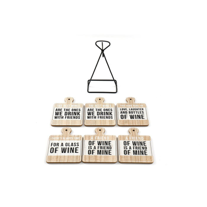 Set of Six Wine Slogan Coasters On Metal Stand - Kozeenest