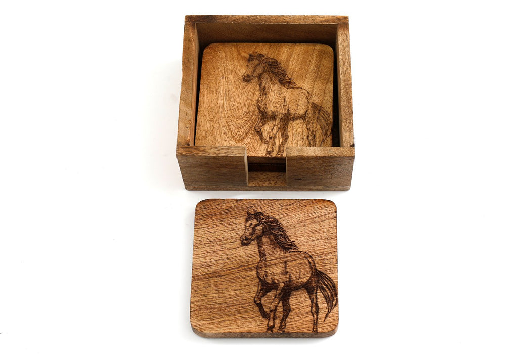 Set Of Four Wooden Engraved Horse Coasters - Kozeenest