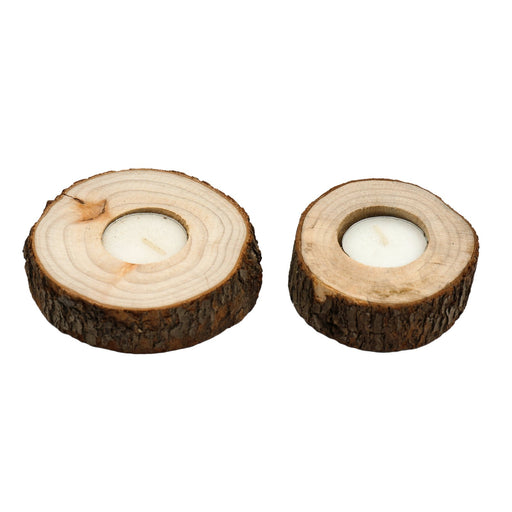 Set of Two Wooden Tealight Holders with Bark Detail - Kozeenest