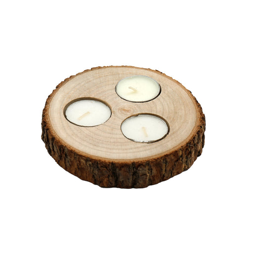 Wooden Triple Tealight Holder with Bark Detail - Kozeenest