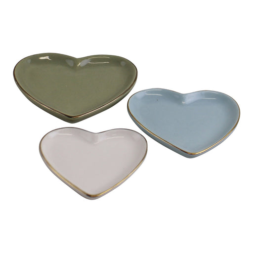 Set Of 3 Heart Shaped Ceramic Trinket Plates With A Gold Edge - Kozeenest