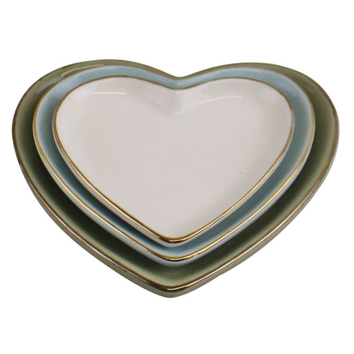 Set Of 3 Heart Shaped Ceramic Trinket Plates With A Gold Edge - Kozeenest