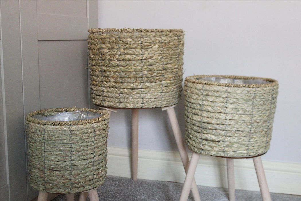 Set of Three Seagrass Planters On Stands - Kozeenest