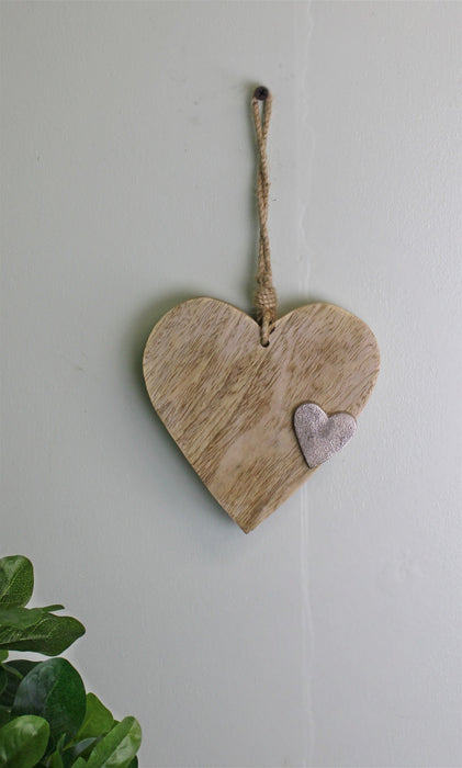 Wooden Hanging Heart Ornament with Silver Heart - Kozeenest