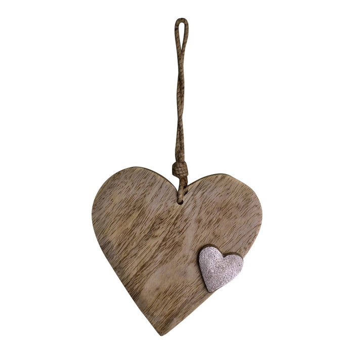 Wooden Hanging Heart Ornament with Silver Heart - Kozeenest