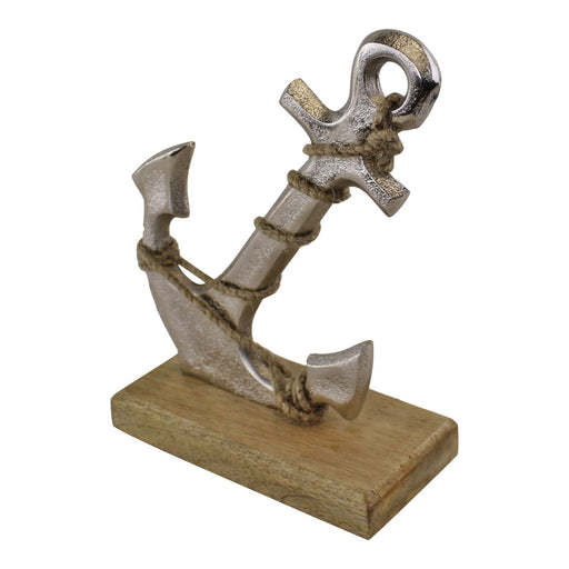 Silver Metal Anchor Ornament On Wooden Base - Kozeenest