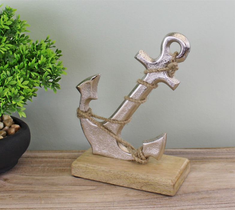 Silver Metal Anchor Ornament On Wooden Base - Kozeenest