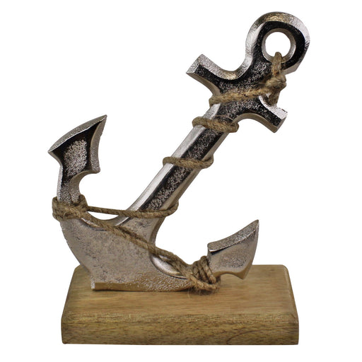 Silver Metal Anchor Ornament On Wooden Base - Kozeenest