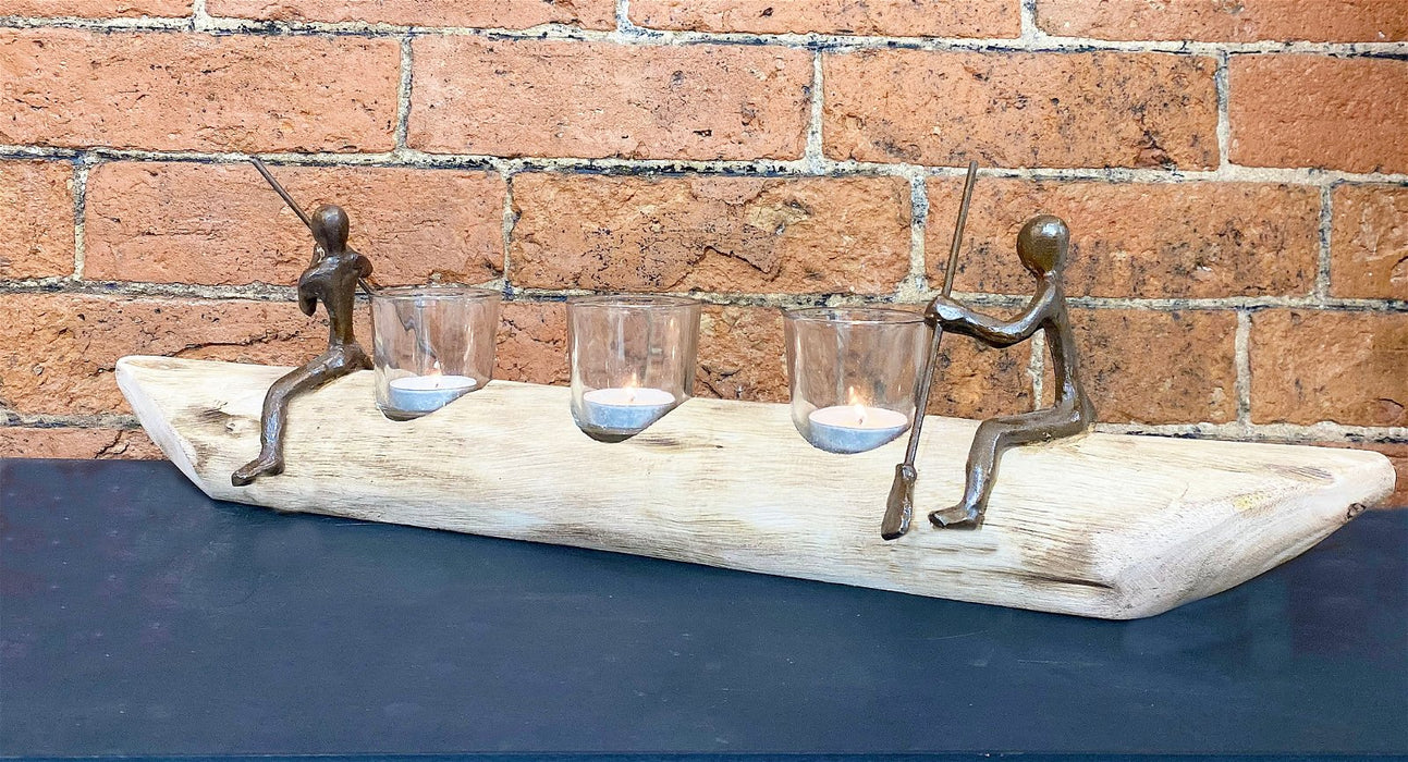 Three Tea Light Holder With Bronze Men Rowing - Kozeenest