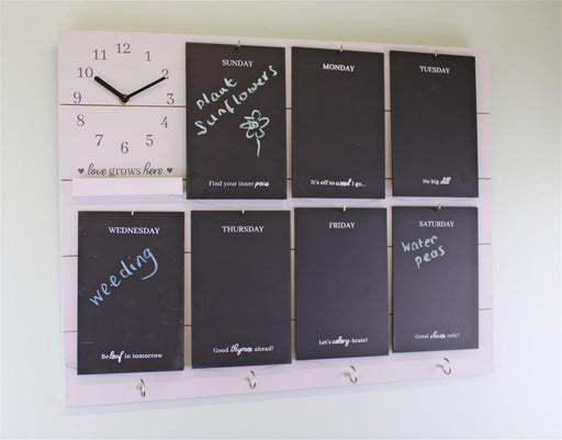 Potting Shed Weekly Reminder Chalkboard With Clock & Hooks, White - Kozeenest