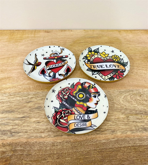 Set of Three Metal Retro Tattoo Design Coasters - Kozeenest