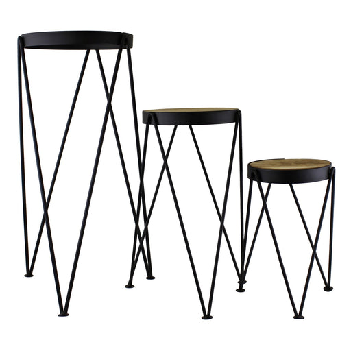 Set of 3 Black Metal and Wood Effect Plant Stands - Kozeenest