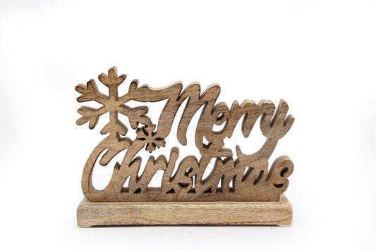 Wood Carved Merry Christmas Script On Base - Kozeenest
