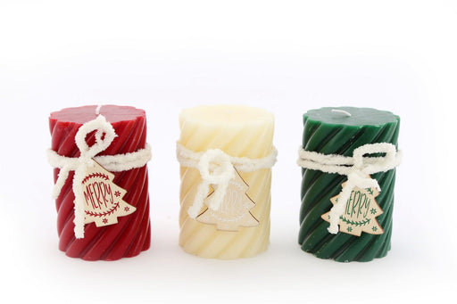 Three Twist Pillar Candles, Green, Cream & Red - Kozeenest