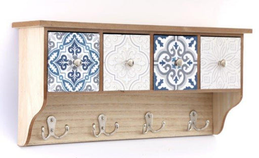 Wooden Blue Wall Shelf With 4 Drawers & Hooks 46cm - Kozeenest